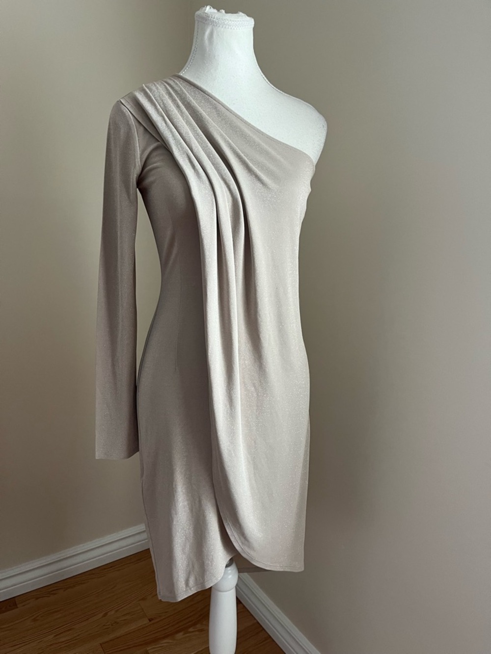 BCBGMaxAzria One-Shoulder Draped Dress in Light Taupe